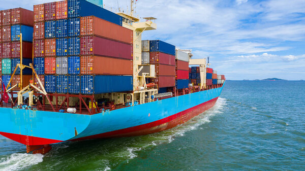 Container ship working at industrial port, Business import and e