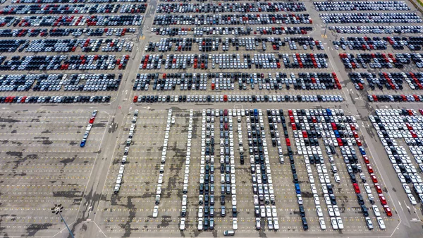 Ряд нових автомобілів для продажу в порту на експортному терміналі автомобілів.. — стокове фото