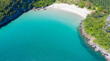 Tropikal bölgede turkuaz su bulunan harika beyaz kumlu sahil manzarası. Kumlu tropikal plaj manzarası, Palm ve tropikal plaj kristal berrak suyla muhteşem..