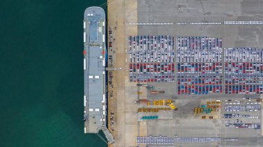 Hava manzaralı yeni arabalar ihracat terminali, derin deniz limanında ithalat için bekleyen yeni arabalar.