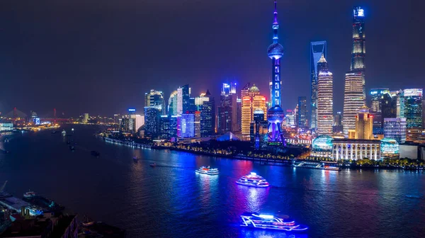 Luchtfoto Shanghai Stad Skyline Wolkenkrabber Shanghai Moderne Stad Nachts China — Stockfoto