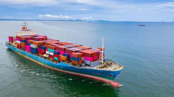 Luftbild Containerschiff Mit Containern Import Export Geschäft Logistik Und Transport — Stockfoto