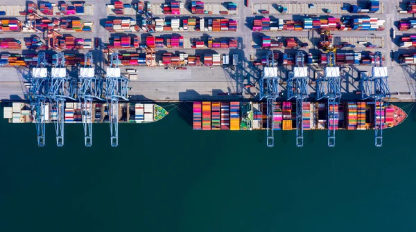 Luchtfoto Container Vrachtschip Vracht Scheepvaart Lossen Oorspronkelijke Bestemming Haven Met — Stockfoto
