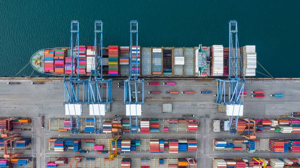 Luchtfoto Vrachtschip Terminal Lossen Kraan Vrachtschip Terminal Luchtfoto Industriële Haven — Stockfoto