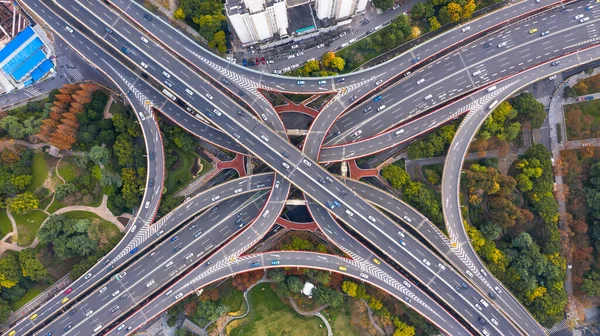 Flygfoto Shanghai Spektakulära Förhöjd Motorväg Och Konvergens Vägar Broar Korsning — Stockfoto