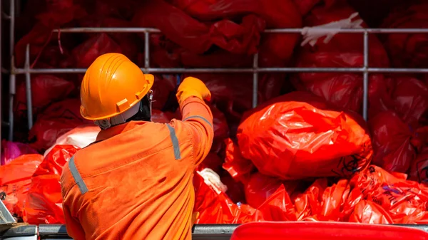 Man Protective Suit Disposal Container Infectious Waste Infectious Waste Must — Stock Photo, Image