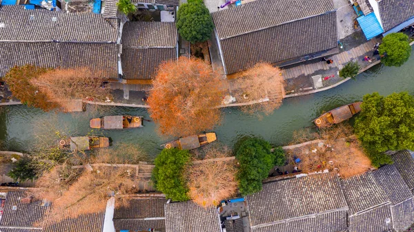 Luftaufnahme Zhujiajiao Water Town Und China Traditionelle Touristenboote Auf Den — Stockfoto