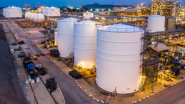 Oil terminal for storage of oil and petrochemical products at twilight.