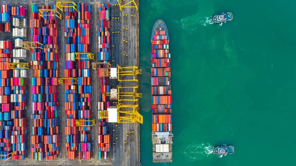Nave Portacontainer Che Lavora Porto Industriale Importazioni Esportazioni Logistiche Trasporto — Foto Stock