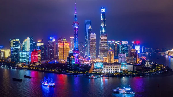 Повітряний Вид Шанхайський Хмарочос Сучасне Місто Шанхай Вночі Китаї Річці — стокове фото