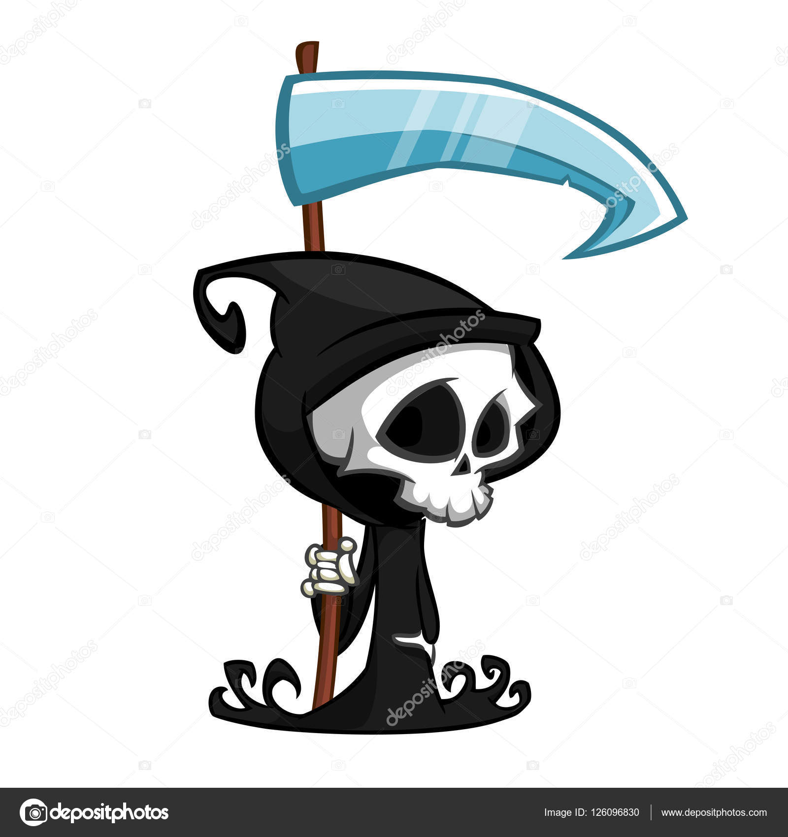 Grim reaper fofo jogo com ilustração dos desenhos animados de foice.  conceito de ícone para jogos de halloween