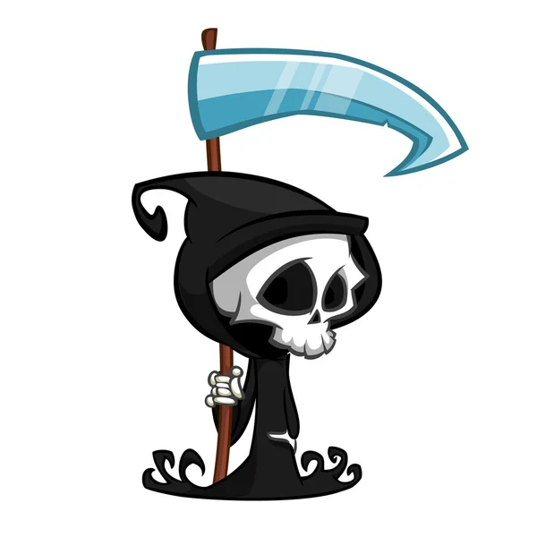 Cute cartoon grim reaper with scythe isolated on white. Cute Halloween skeleton death character icon — Stock Vector
