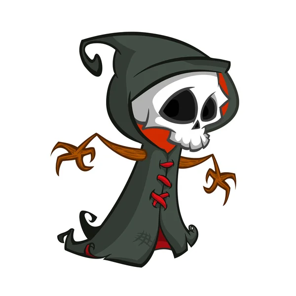 Linda parca de dibujos animados con guadaña aislada en blanco. Lindo esqueleto de Halloween icono de personaje de la muerte — Vector de stock