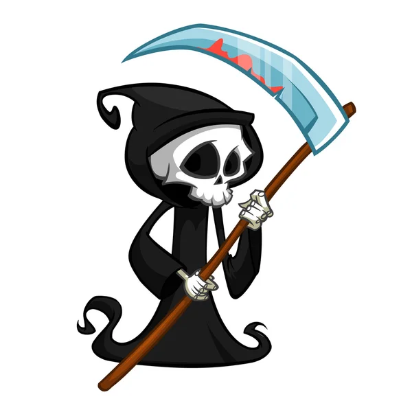 Mignon dessin animé faucheuse sombre avec faux isolé sur blanc. mignon Halloween squelette mort personnage icône — Image vectorielle