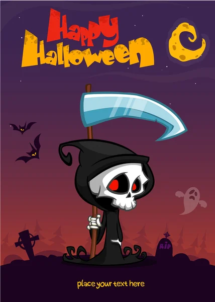 Niedlichen Cartoon Sensenmann mit Sense Plakat für Halloween-Party — Stockvektor