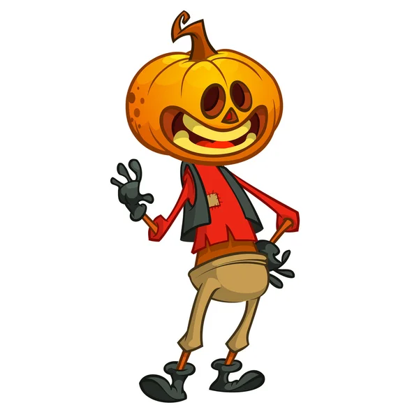 Espantapájaros de Halloween con cabeza de calabaza. Personaje de dibujos animados vectorial aislado en blanco — Vector de stock