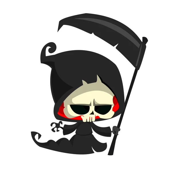 Ceifador de desenho animado bonito sombrio com foice isolada em branco. Bonito esqueleto de Halloween ícone da morte personagem —  Vetores de Stock