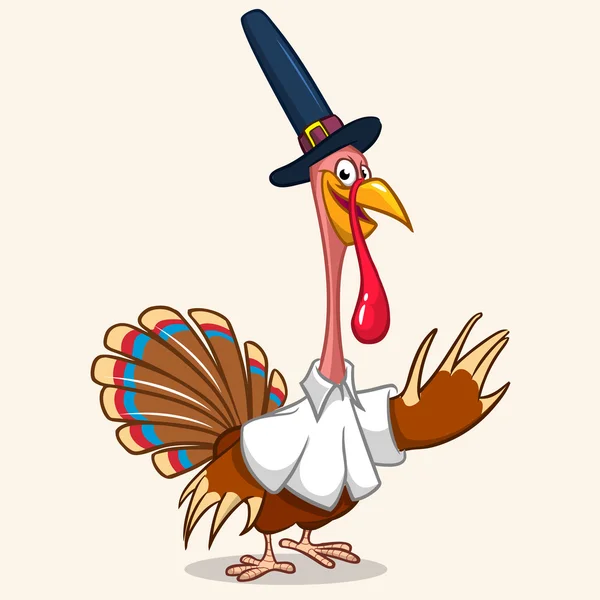 Thanksgiving Turkije mascotte in Pilgrim hoed zwaaien op witte achtergrond. Vectorillustratie — Stockvector