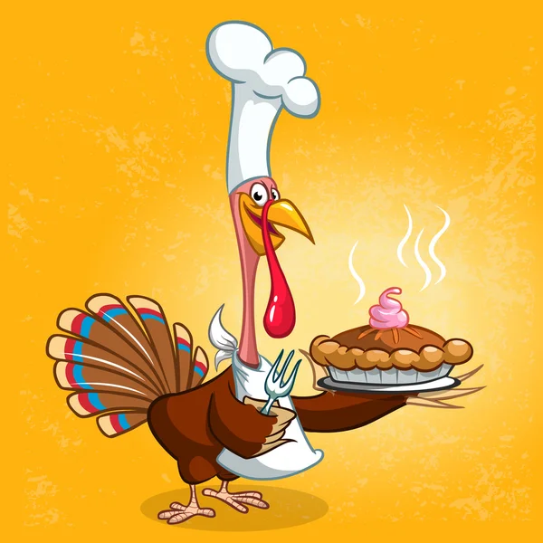 Cocinero jefe de pavo de Acción de Gracias sirviendo pastel de calabaza. Caricatura vectorial — Archivo Imágenes Vectoriales