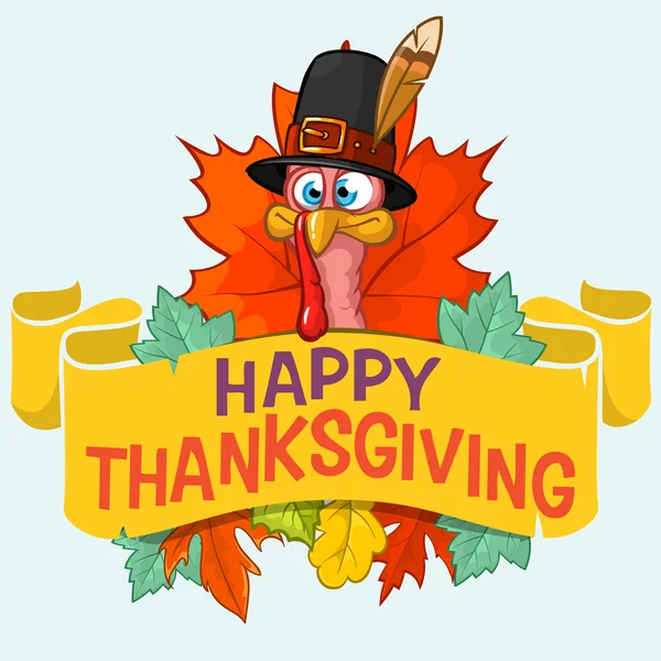 Happy thanksgiving kalkon med hösten lämnar, vektor kort — Stock vektor