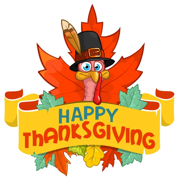 Happy thanksgiving kalkoen in pelgrim hoed met herfst bladeren, vector kaart — Stockvector