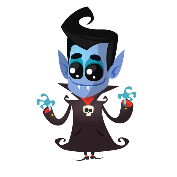 Lindo vampiro de dibujos animados sonriendo. Ilustración vectorial con burbuja del habla — Vector de stock