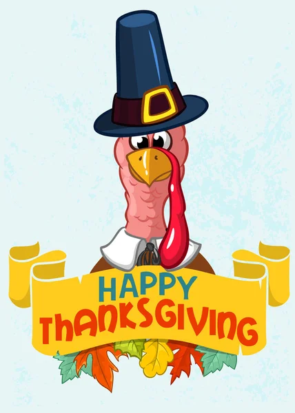 Happy thanksgiving kalkoen in pelgrim hoed met herfst bladeren, retro vector kaart — Stockvector