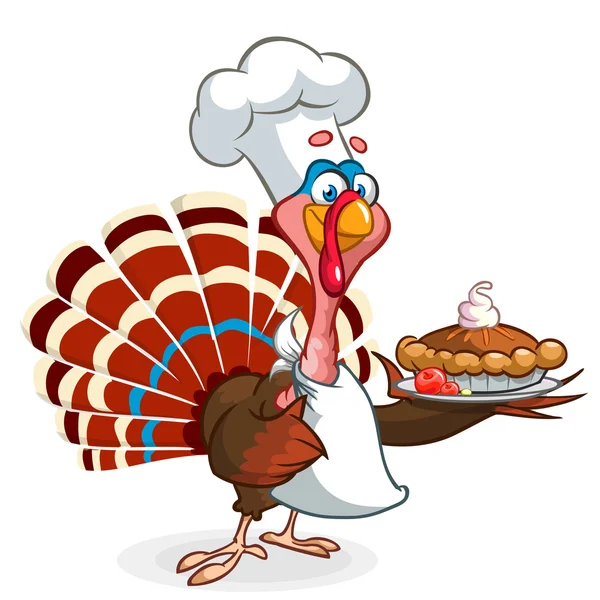 Thanksgiving Turkije chef-kok serveert pompoenpastei. Vector cartoon — Stockvector