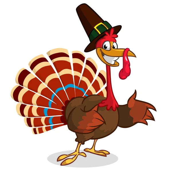 Cartoon turkey in pilgrim hat. Thanksgiving vector illustration isolated on white background — Stock Vector