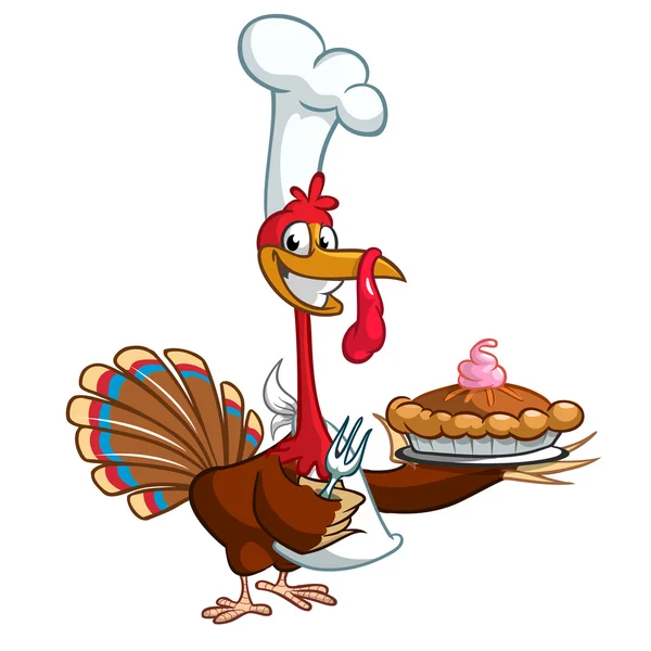 Thanksgiving Turkiet chef kock som serverar pumpa paj. Vektor tecknad — Stock vektor