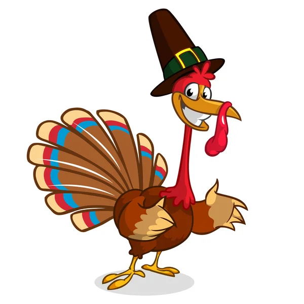 Cartoon Turkiet i pilgrim hatt. Thanksgiving vektorillustration isolerade på vit bakgrund — Stock vektor