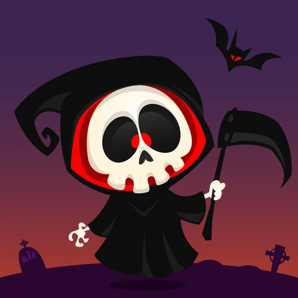 Ceifador de desenho animado bonito sombrio com foice cartaz para festa de Halloween —  Vetores de Stock