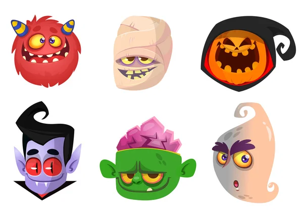 Halloween tekens pictogramserie. Cartoon hoofd avatars van pompoen Jack o lntern, zombie, vampier, rode monster, mummie en geest. — Stockvector