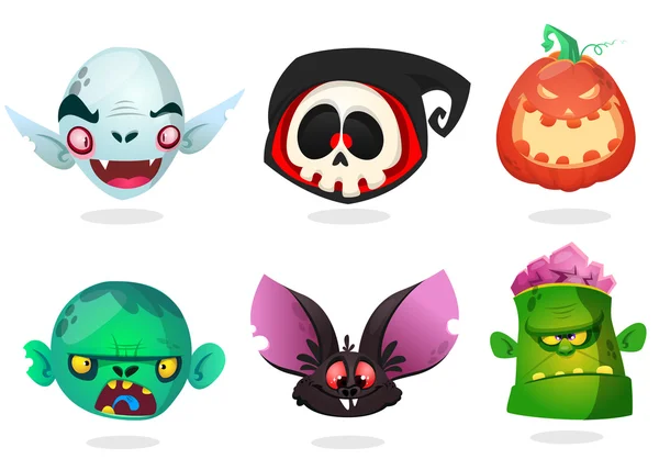 Set de iconos de personajes de Halloween. Cabezas de dibujos animados de parca, murciélago negro, calabaza Jack o lntern, zombi, vampiro . — Vector de stock