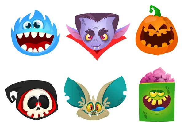 Set de iconos de personajes de Halloween. Avatares de cabeza de dibujos animados de calabaza Jack o lntern, zombi, vampiro, cráneo, murciélago y monstruo peludo . — Vector de stock