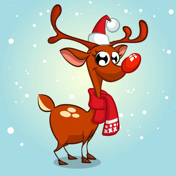 Renifer Boże Narodzenie w santa hat wektor ilustracja na tle ośnieżonych — Wektor stockowy