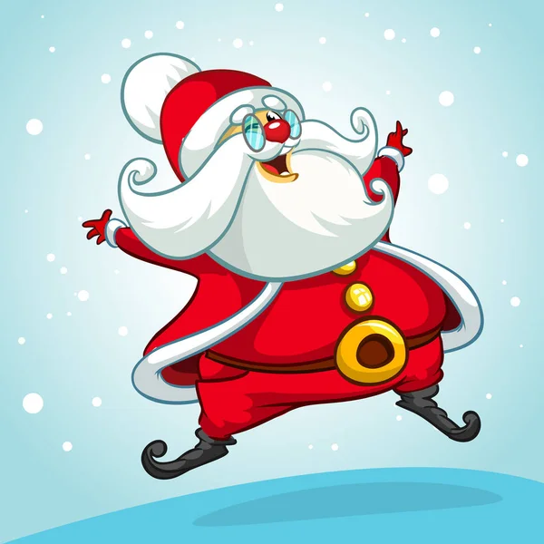Desenhos animados de Natal do Papai Noel pulando. Ilustração vetorial isolada sobre fundo nevado —  Vetores de Stock