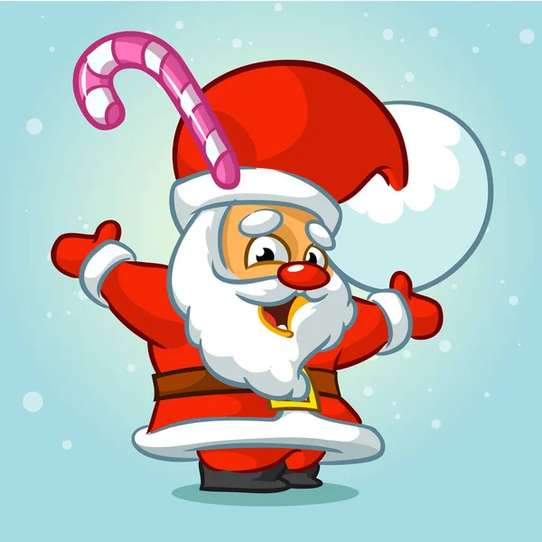O Pai Natal engraçado com doces no chapéu. Cartão de Natal cartaz de fundo do cartão. Ilustração vetorial . —  Vetores de Stock