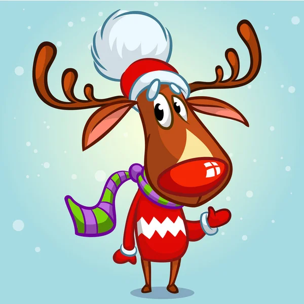 Noel reindeer Santa Claus şapka ve çizgili eşarp bir el işaret. Vektör çizim karlı zemin üzerine — Stok Vektör