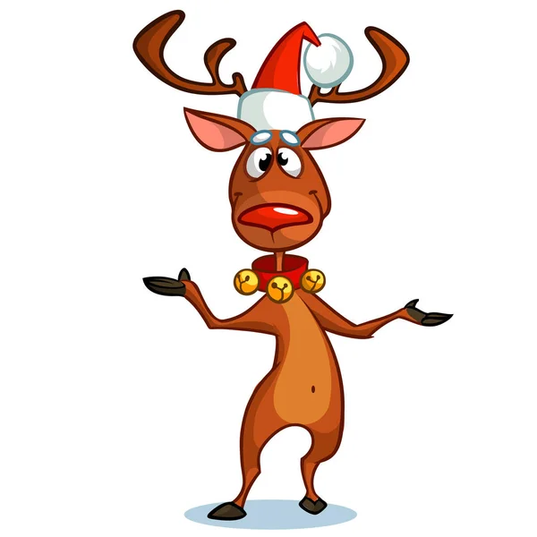 Noel reindeer Santa Claus şapka bir el işaret içinde. Vektör çizim karlı zemin üzerine — Stok Vektör