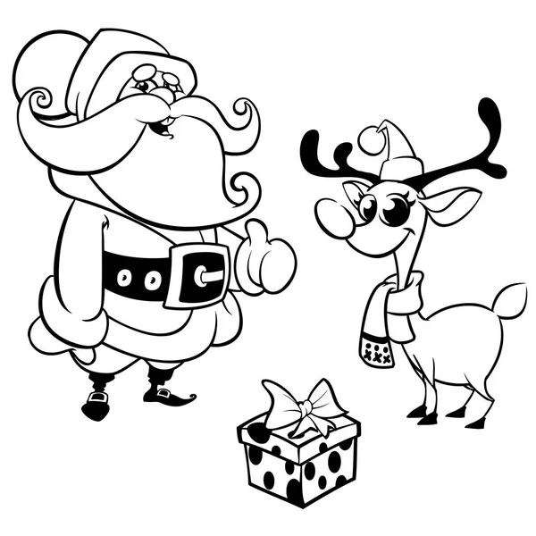 Riendo Santa Claus, reno y caja de regalo. Personajes de Navidad — Archivo Imágenes Vectoriales