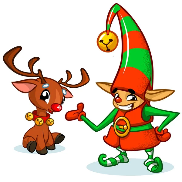 Reno y elfo navideños. Ilustración vectorial aislada — Vector de stock