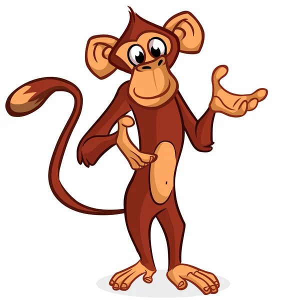 Macaco bonito apresentando e apontando mão. Personagem de desenho animado vetorial em um fundo branco — Vetor de Stock