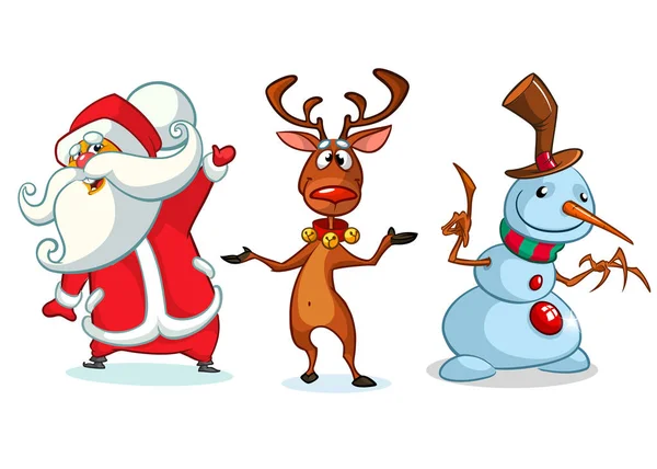 Conjunto de personagens de desenhos animados de Natal. Ilustração vetorial de renas de Natal, boneco de neve e Papai Noel — Vetor de Stock