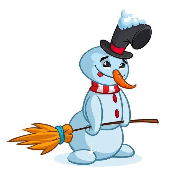 A vector cartoon snowman with a broom. Christmas character — Stock Vector