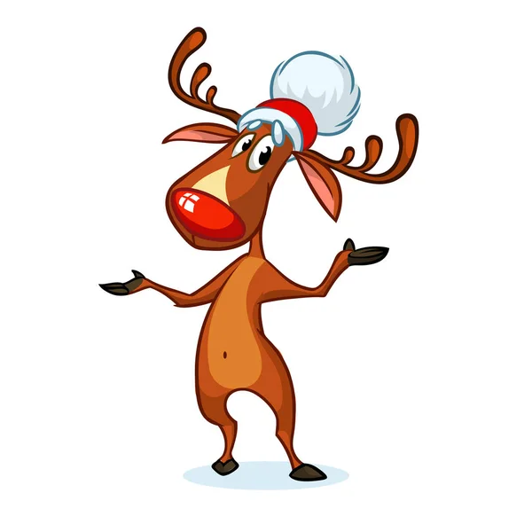 Mutlu karikatür Noel Reindeer işaret eden bir ele Illustration. Vektör karakter — Stok Vektör