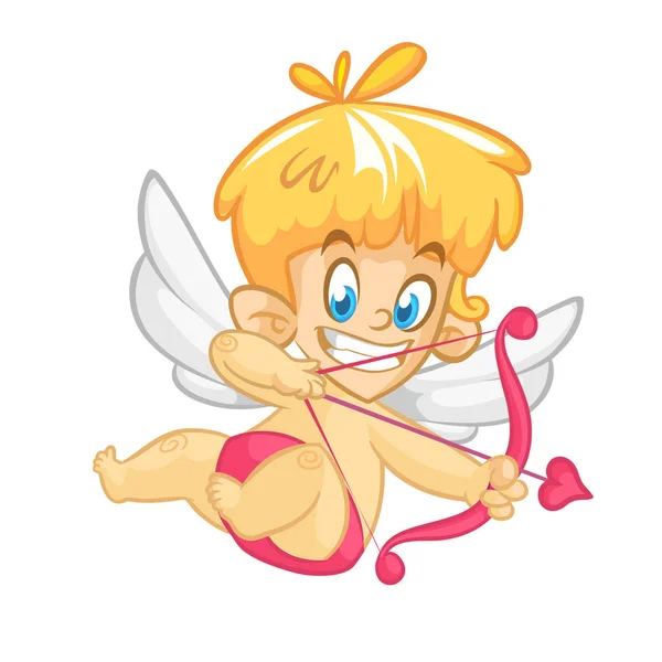 Dia dos Namorados ilustração do cupido engraçado dos desenhos animados com arco e flecha apontando para alguém. Ícone de bebê Cupido — Vetor de Stock