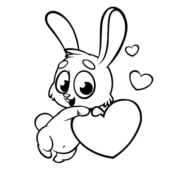 Engraçado bonito coelho delineado com coração amor desenho animado vetor. A ilustração colorida pode ser usada como impressão ou cartão para o dia de São Valentim — Vetor de Stock
