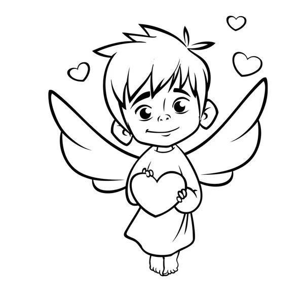 Ilustración del bebé esbozado Cupido abrazando un corazón. Dibujos animados para colorear ilustración del personaje de Cupido para el Día de San Valentín aislado en blanco — Vector de stock