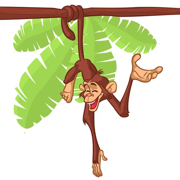 Chimpanzé de macaco bonito pendurado no ramo de madeira cor brilhante plana ilustração vetorial simplificada no design divertido estilo dos desenhos animados. Desenho vetorial de um macaco delineado — Vetor de Stock